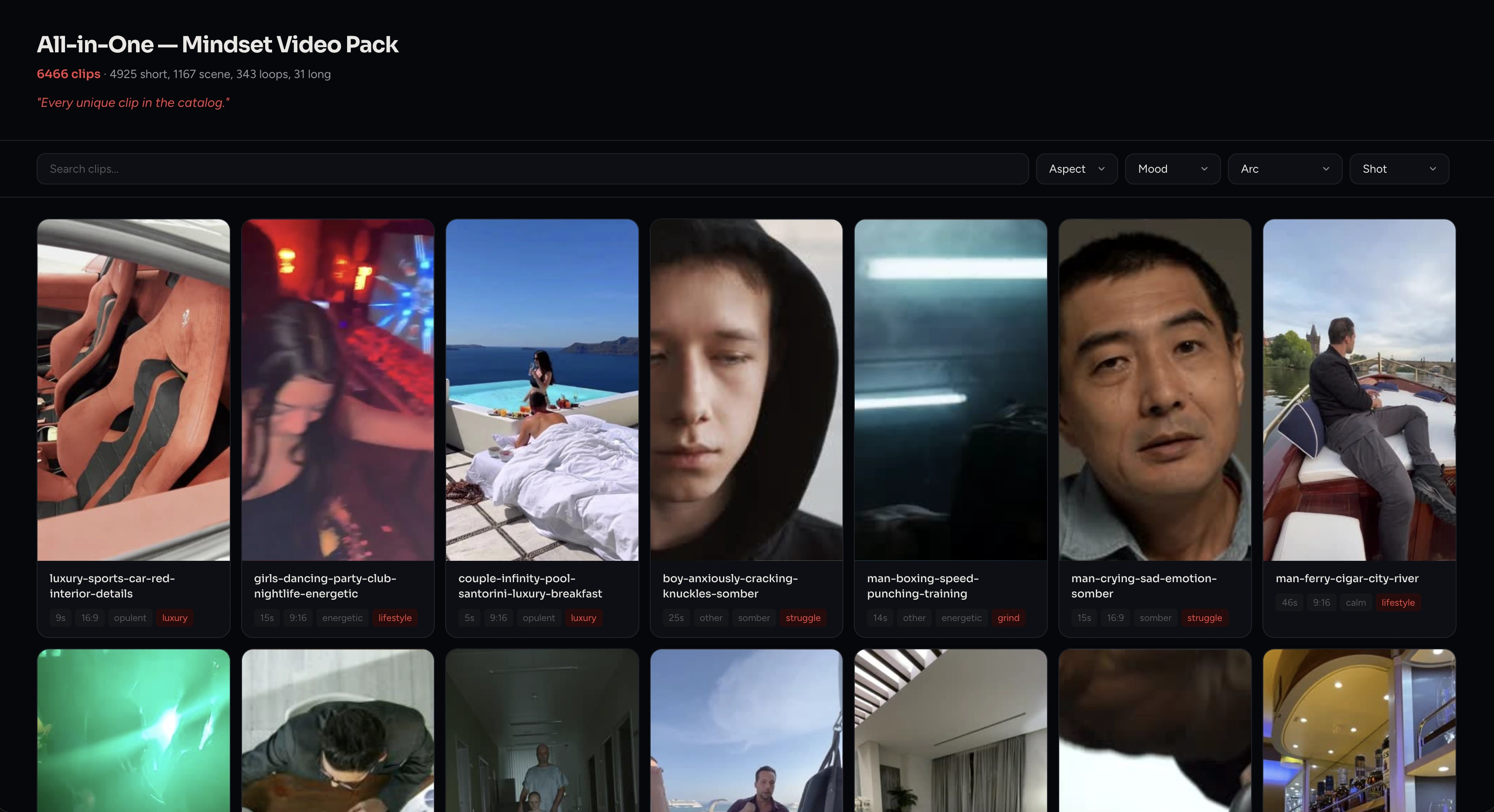 Screenshot of the INDEX.html catalog showing thumbnails of clips and a search bar
